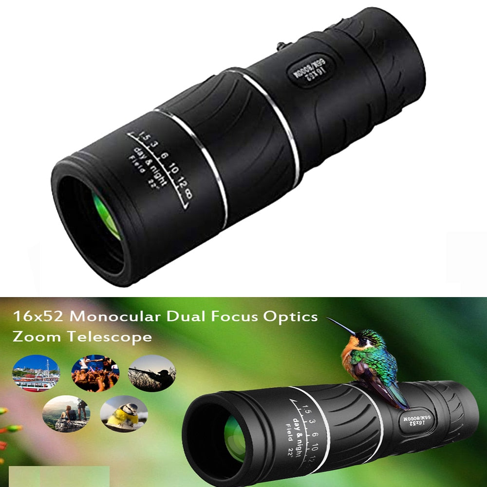 16x52 Monocular Dual Focus Optics Zoom Telescope for Birds Watching Wildlife Hunting Camping Hiking Low Light Night Vision 66m/8